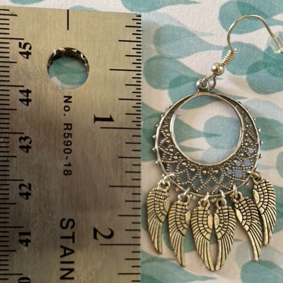 NEW Handmade- Feathered Hoop - Dangle Earrings in Antique Silver Tones - Picture 9 of 10